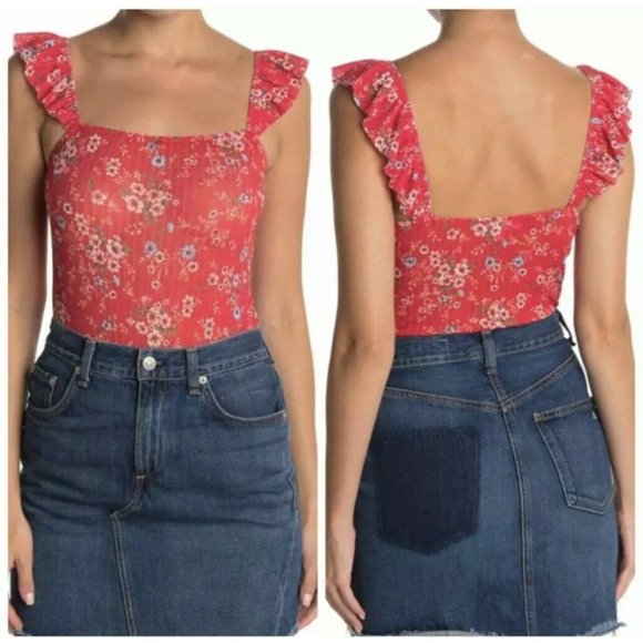 Socialite Tops - Socialite Red Flutter Sleeve Floral Bodysuit size S